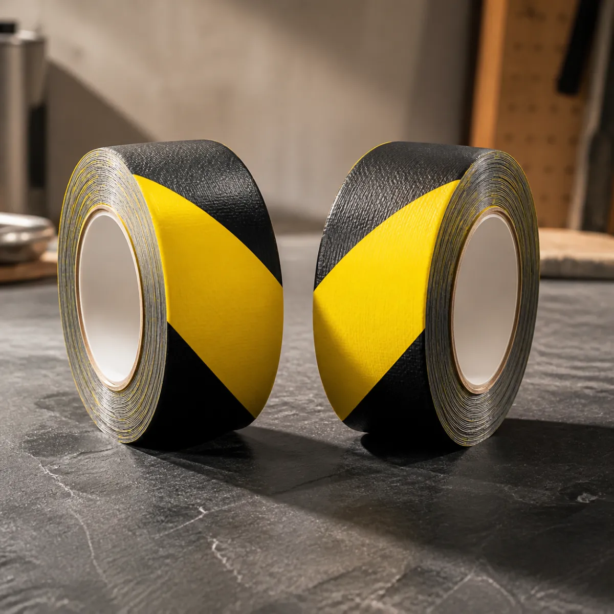 Two waterproof tape rolls compared side by side on a workbench for adhesion and grip
