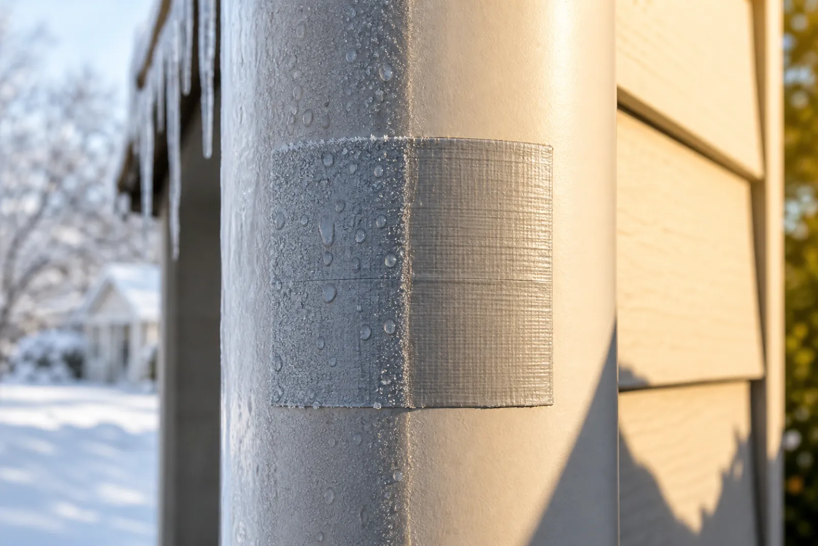 Waterproof tape patch on an outdoor surface in frost and in strong summer sun