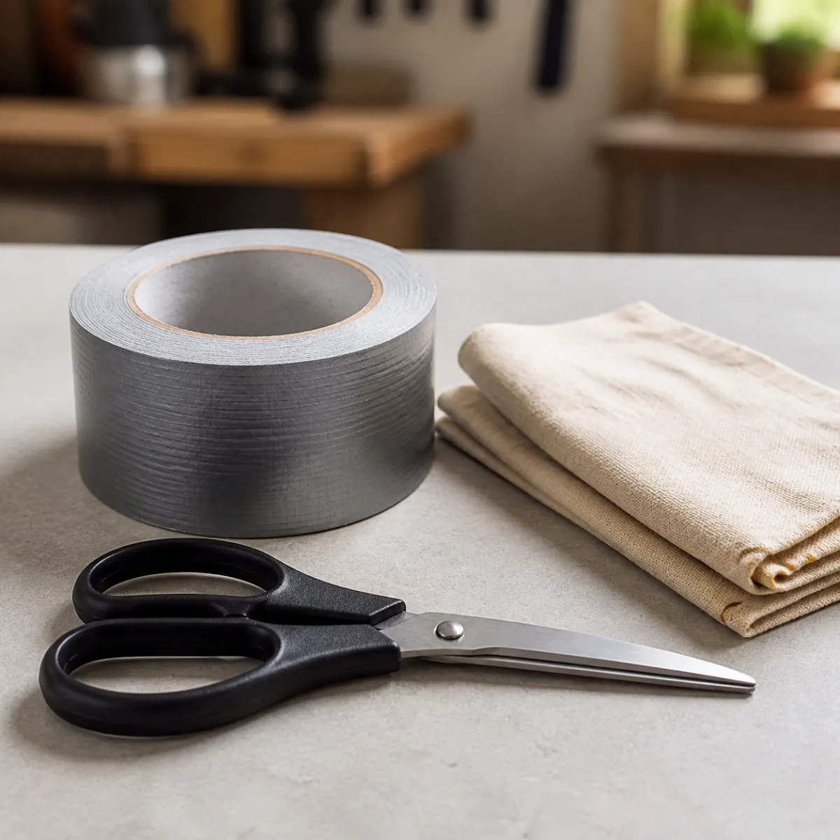 Roll of waterproof tape beside scissors and a cloth, ready for a repair
