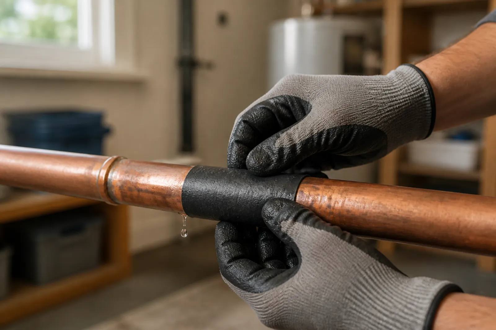 Hands pressing a wide strip of black waterproof tape over a dripping pipe joint under a sink