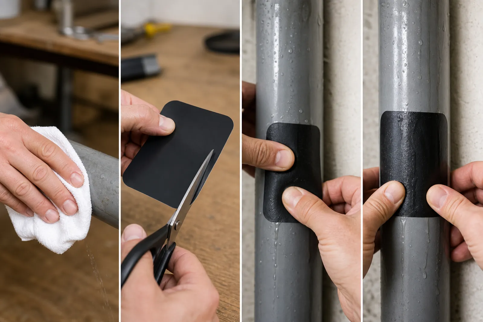 Step-by-step application of waterproof tape to a wet surface, pressing from the centre outward