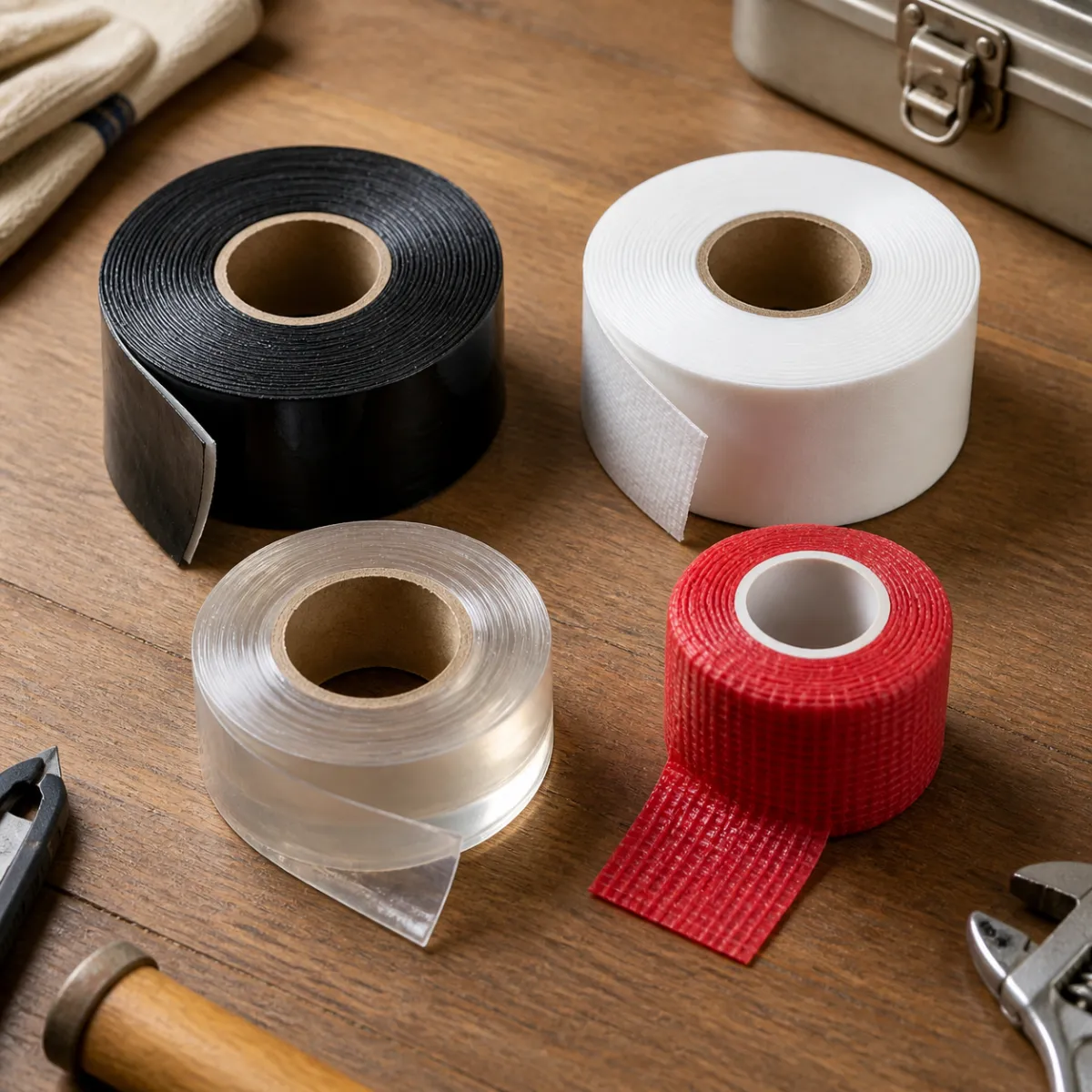 Four types of waterproof tape rolls side by side: butyl patch, marine RV roof, clear sealing and silicone self-fusing