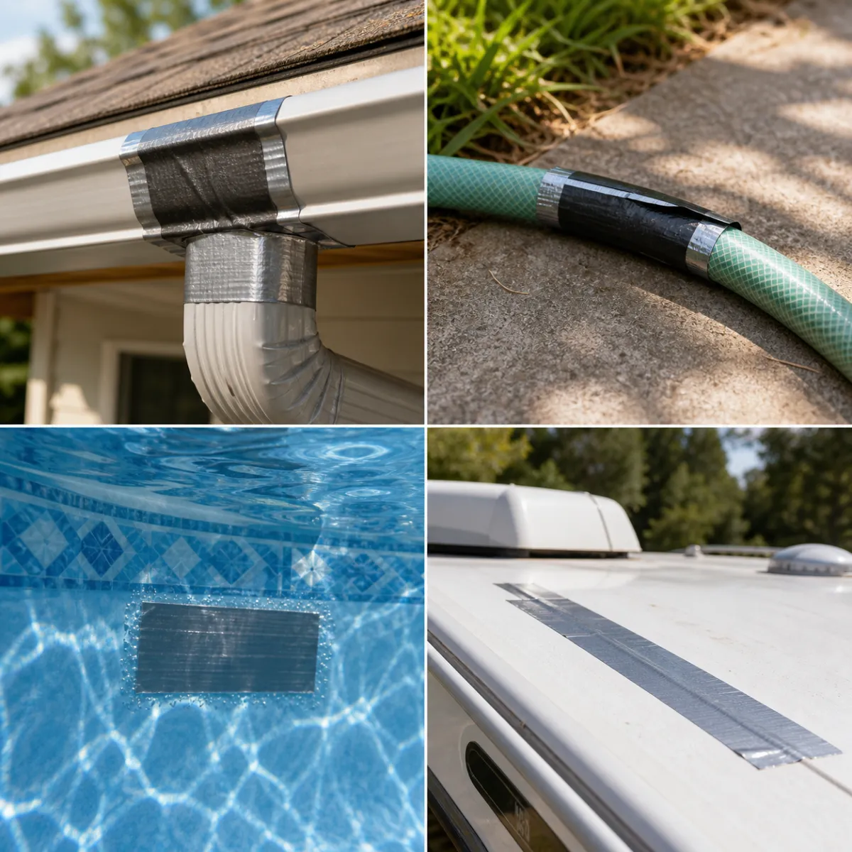 Grid of waterproof tape repairs on a gutter seam, a garden hose, an above-ground pool liner and an RV roof